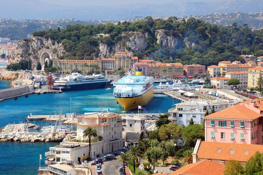 Beautiful harbor od Nice with big cruise ships, France, Europe. Cote D'Azur.