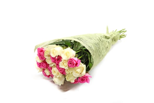 Bouquet of pink and creme roses isolated on white background. 