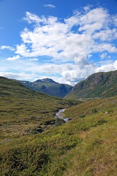Beautiful landscape of valley situated deep in norwegian mountains.