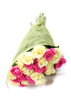 Bouquet of pink and white roses isolated on white background.