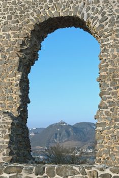 Ruins of a 12th century castle, Rolandsbogen, or  Roland's arch, a few kilometres from Bonn, in the direction of Koblenz, Germany