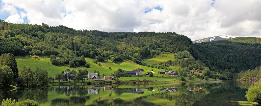 Panoramic view of small norwegian village, Scandinavian Europe.