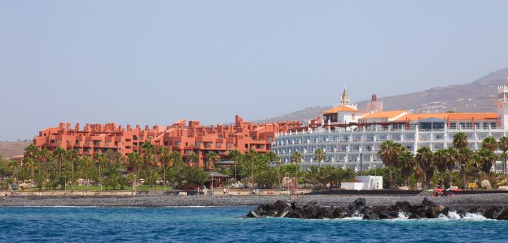 Panoramic view of Tenerife seashore with hotels, Canary Islands.