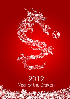 2012 Flying Chinese Snowflakes Pattern year of the Dragon with Ball on Red Background Illustration