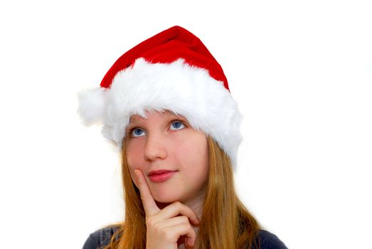 Portrait of a young girl wearing Santa's hat isolated on white background