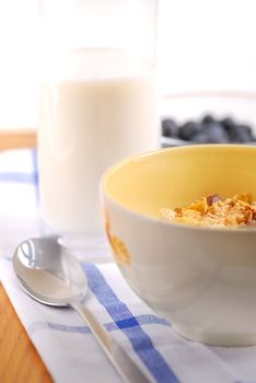 Healthy breaksfast of cereal, milk and blueberries