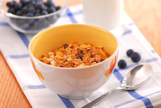 Healthy breaksfast of cereal, milk and blueberries served on a table on sunny morning