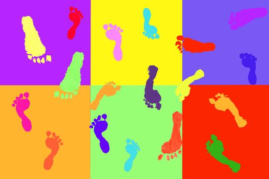 Actual footprints made by children on colorful blocks pattern;