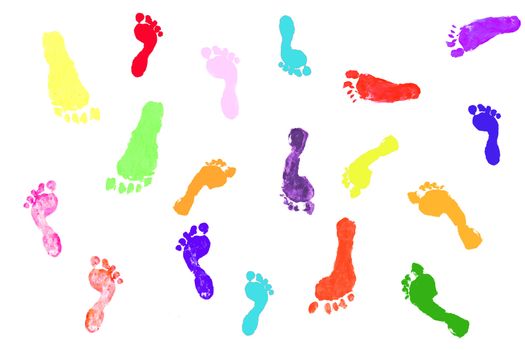 Colorful silhouette outlines of actual children's footprints on white;