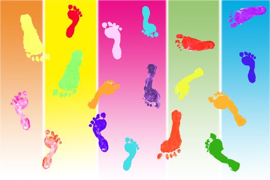 Actual footprints made by children on colorful background