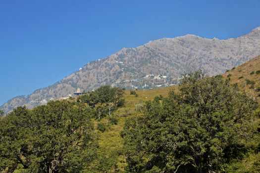 Landscape of Vaishno Devi mountain the Trikuta peak from the heliport at Katra, copy space with crop margins