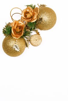 Christmas card with golden balls and candle on white 
