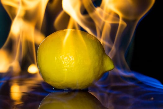 juicy lemon yellow flame lit in blue light