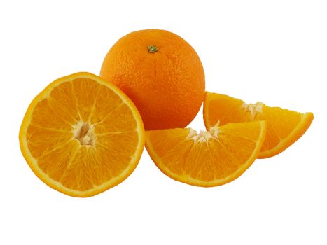 Oranges, sliced in half and wedges isolated on white