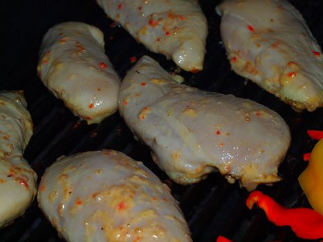 Fresh Raw and Seasoned Chicken Breasts on the Barbecue