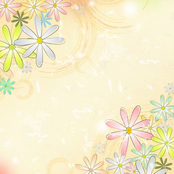 vintage background with multicolored flowers and circles over beige old paper with text space, diagonally