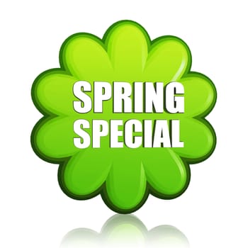 spring special banner - 3d green flower label with white text, business sale concept