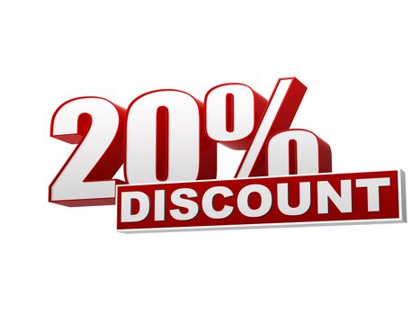 text 20 percentages discount 3d red white banner, letters and block, business concept