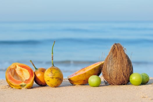 Exotic tropical fruit on the sandy beach