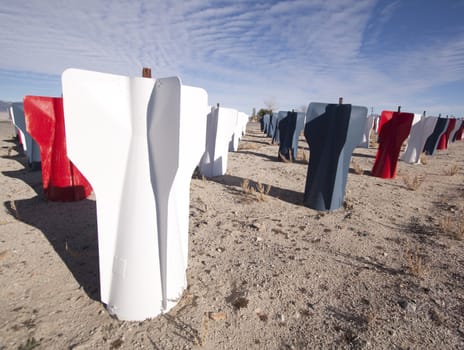 Red white and blue missile bombs in the desert.