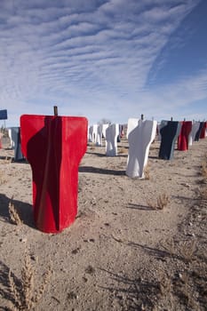 Red white and blue missile bombs in the desert.