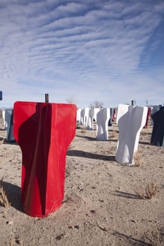 Red white and blue missile bombs in the desert.