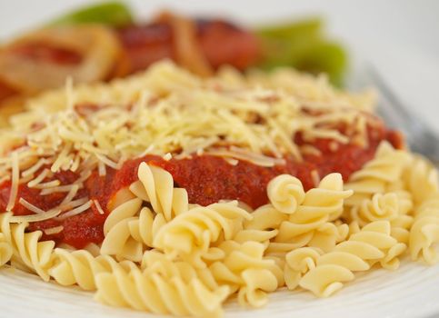 Rotini Pasta with Tomato Sauce, Cheese, and Sausage with Peppers and Onions    