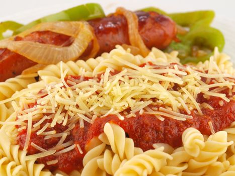 Rotini Pasta with Tomato Sauce, Cheese, and Sausage with Peppers and Onions    