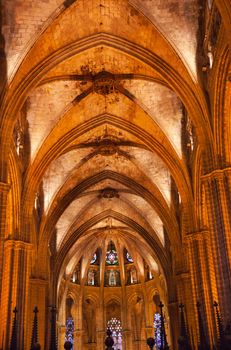 Gothic Catholic Barcelona Cathedral Basilica Stone Columns Arches Catalonia Spain.  Built in 1298.