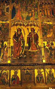 Ancient Golden Screen Gothic Catholic Barcelona Cathedral BasilicaCatalonia Spain.  Built in 1298.