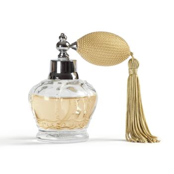 Photo of a perfume spray bottle in the shape of a crown, isolated on white background.