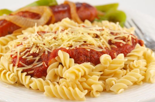 Rotini Pasta with Tomato Sauce, Cheese, and Sausage with Peppers and Onions    