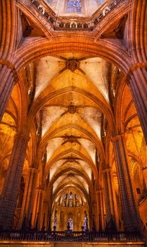 Gothic Catholic Barcelona Cathedral Basilica Stone Columns Catalonia Spain.  Built in 1298.