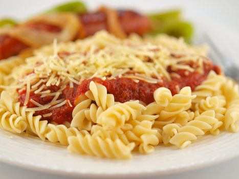 Rotini Pasta with Tomato Sauce, Cheese, and Sausage with Peppers and Onions    