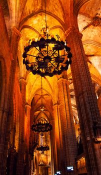 Gothic Catholic Barcelona Cathedral Basilica Stone Columns Chandeliers Catalonia Spain.  Built in 1298.