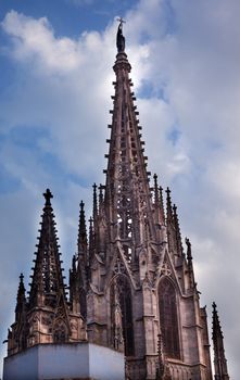 Gothic Catholic Cathedral Barcelona Catalonia Spain.  Built in 1298.  This is the main spire.