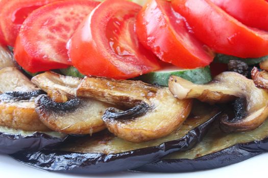 Roasted mushrooms with eggplant, tomato and cucumber