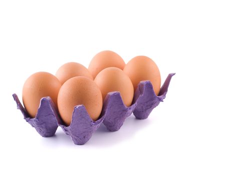 Six Brown Eggs in an Egg Carton Isolated on White 