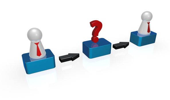 simple token figures with tie and question mark in a row - 3d illustration