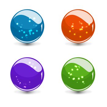 3d glass colorful sphere set with reflection and glowing dots