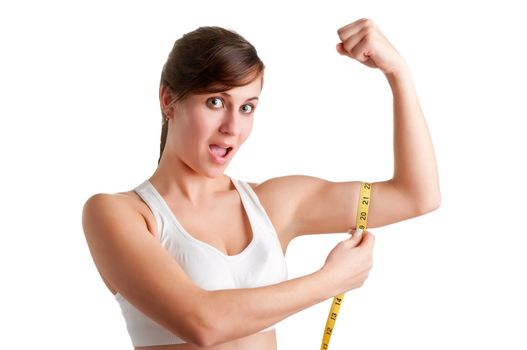 Shocked Woman measuring her Biceps, isolated in a white background