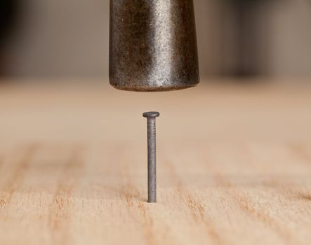 Nail being driven into wood by hammer head