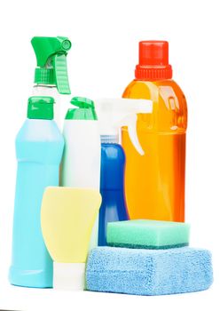 Arrangement Spray Bottles, Disinfectant, Sponges and others Cleaning Products isolated on white background