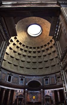 Pantheon Through Doors Cupola Oculus Ceiling Rome Italy Basilica Palatina First built in 27BC by Agrippa and rebuilt by Hadrian in the Second Century Became oldest church in 609 Oculus is open to the air