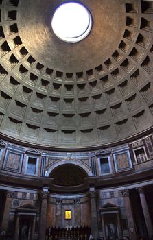 Pantheon Cupola Oculus Hole Ceiling Rome Italy Basilica Palatina First built in 27BC by Agrippa and rebuilt by Hadrian in the Second Century Became oldest church in 609 Oculus is open to the air