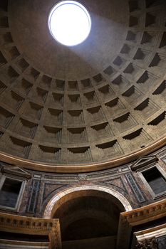 Sunbeam Through Oculus Ceiling Hole Pantheon Cupola Rome Italy Basilica Palatina First built in 27BC by Agrippa and rebuilt by Hadrian in the Second Century Became oldest church in 609 Oculus is open to the air