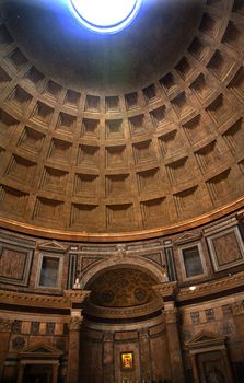 Pantheon Cupola Oculus Hole Ceiling Rome Italy Basilica Palatina First built in 27BC by Agrippa and rebuilt by Hadrian in the Second Century Became oldest church in 609 Oculus is open to the air