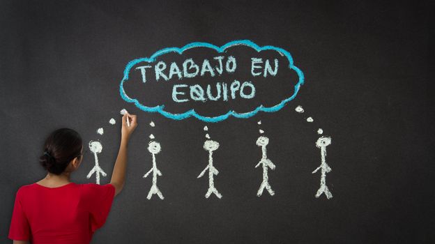 Woman drawing a teamwork diagram with chalk on a blackboard.