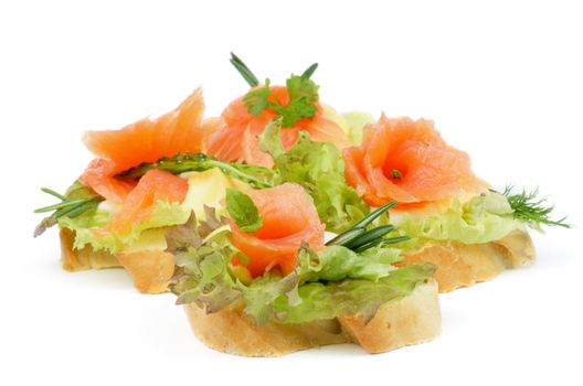 Arrangement of Delicious Smoked Salmon Appetizers with Lettuce, Rosemary, Cucumber and Cheese Sauce isolated on white background