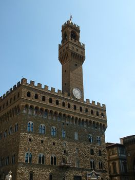 Front of Palazzo Vecchio and the clock tower on Piazza della Signoria, Florence, Tuscany